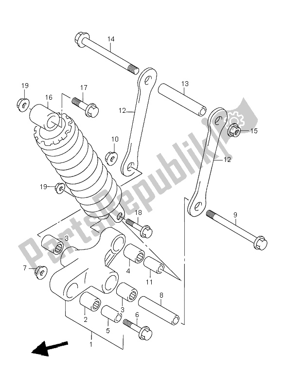 All parts for the Rear Cushion Lever of the Suzuki VL 1500 Intruder LC 2001