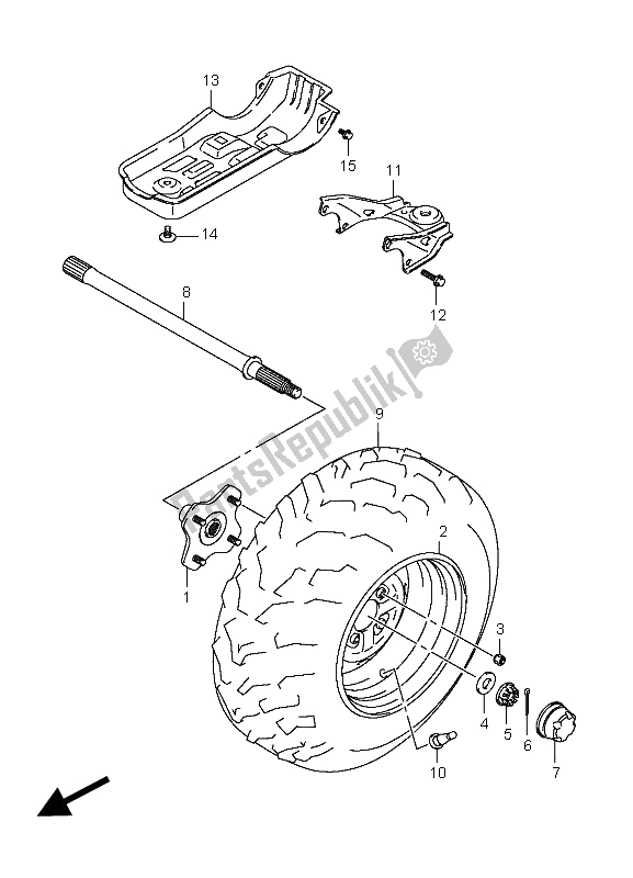 All parts for the Left Rear Wheel of the Suzuki LT A 400F Kingquad 4X4 2009