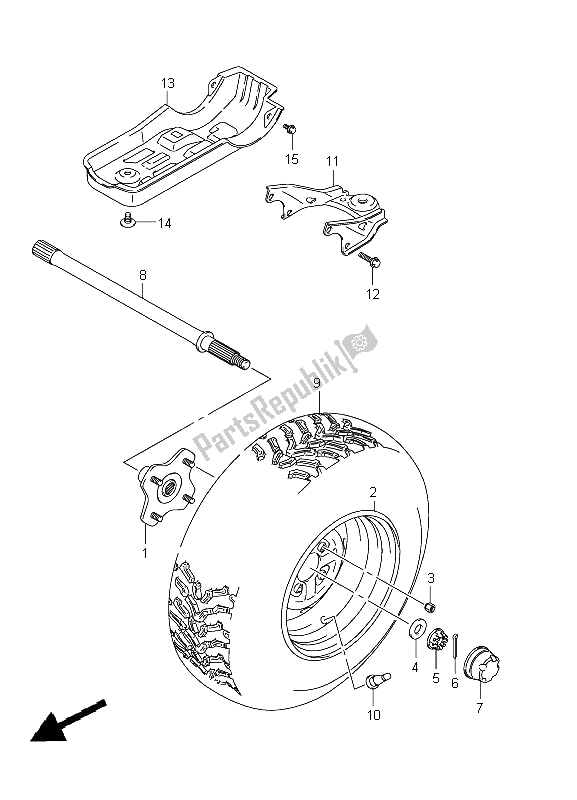 All parts for the Left Rear Wheel (lt-a400fz P17) of the Suzuki LT A 400Z Kingquad ASI 4X4 2012