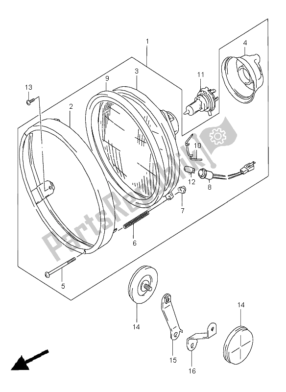 All parts for the Headlamp (e4-e17-e18-e22-e25-e34-p37) of the Suzuki VZ 800 Marauder 1997