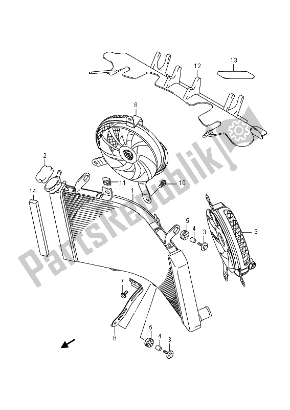 All parts for the Radiator (gsx1300rauf E19) of the Suzuki GSX 1300 RA Hayabusa 2014