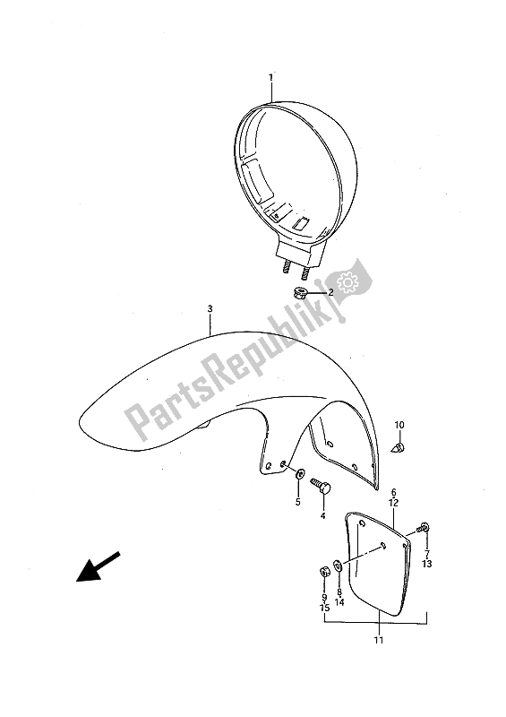 All parts for the Headlamp Housing & Front Fender (e15-e16-e24-e75-e77) of the Suzuki LS 650P Savage 1991