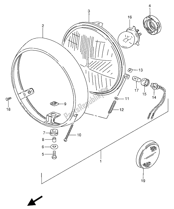 All parts for the Headlamp (e22-e25-e34-e39-e53) of the Suzuki GN 250 1989