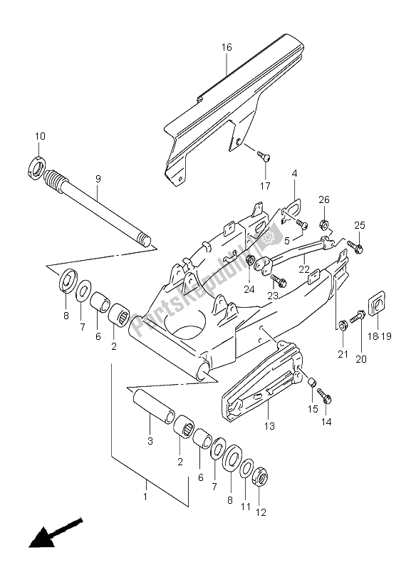 All parts for the Rear Swinging Arm (e2-e4-e25-e34-p37) of the Suzuki TL 1000S 1998