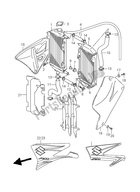 All parts for the Radiator of the Suzuki RM 250 2007