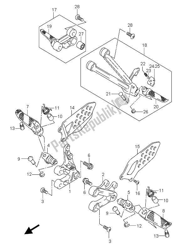 All parts for the Footrest of the Suzuki GSX R 750 2004