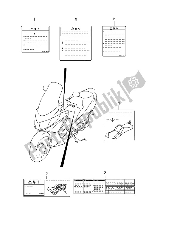 Todas las partes para Etiqueta (e38) de Suzuki AN 250 Burgman 2005