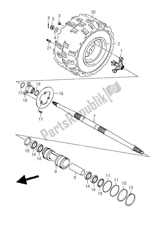 All parts for the Right Rear Wheel of the Suzuki LT R 450 Quadracer 2007