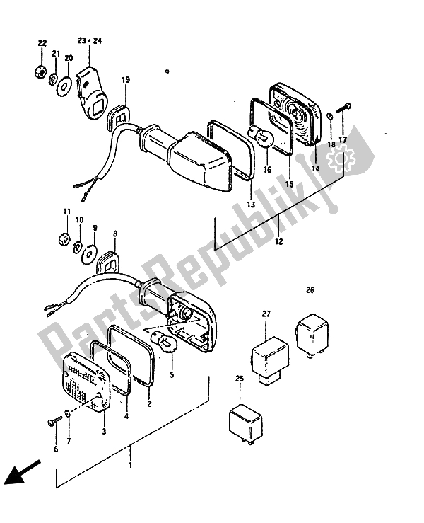 Alle onderdelen voor de Richtingaanwijzerlamp (e2-e4-e22-e25) van de Suzuki GS 850G 1985