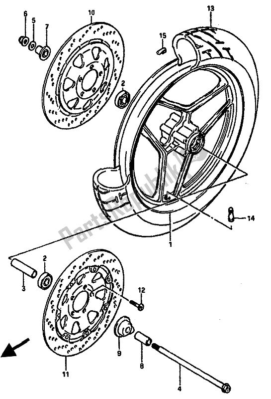 All parts for the Front Wheel of the Suzuki GSX R 750X 1987