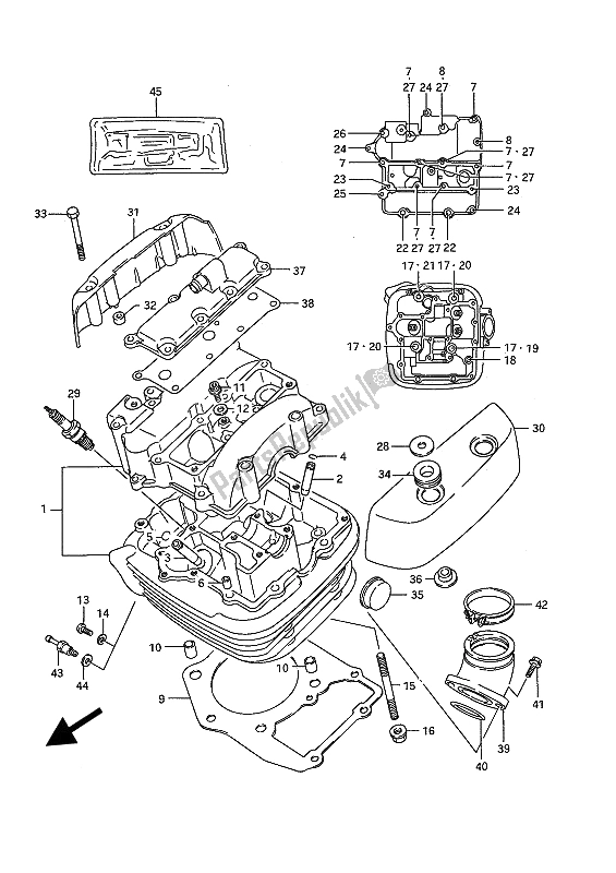 All parts for the Cylinder Head (front) of the Suzuki VS 1400 GLP Intruder 1989