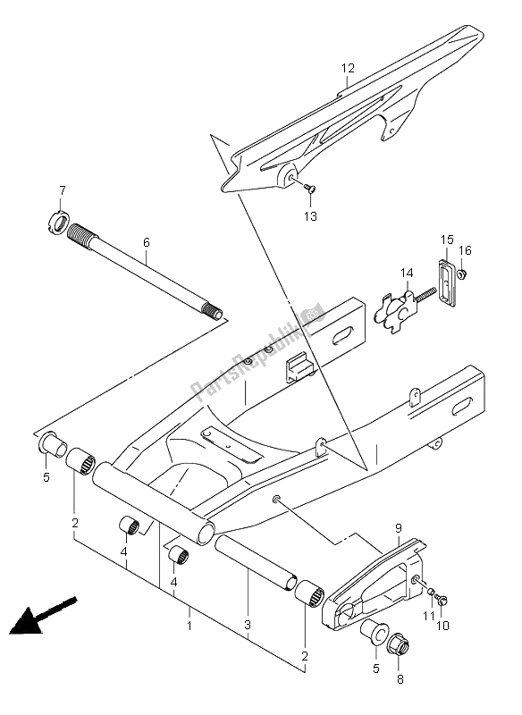 All parts for the Rear Swinging Arm of the Suzuki SV 650 NS 2005