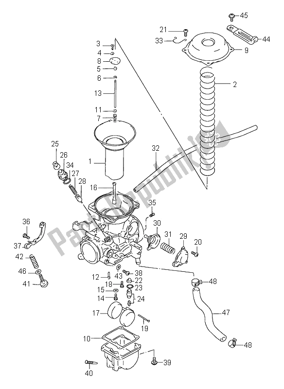 All parts for the Carburetor (rear E18) of the Suzuki VS 600 Intruder 1995