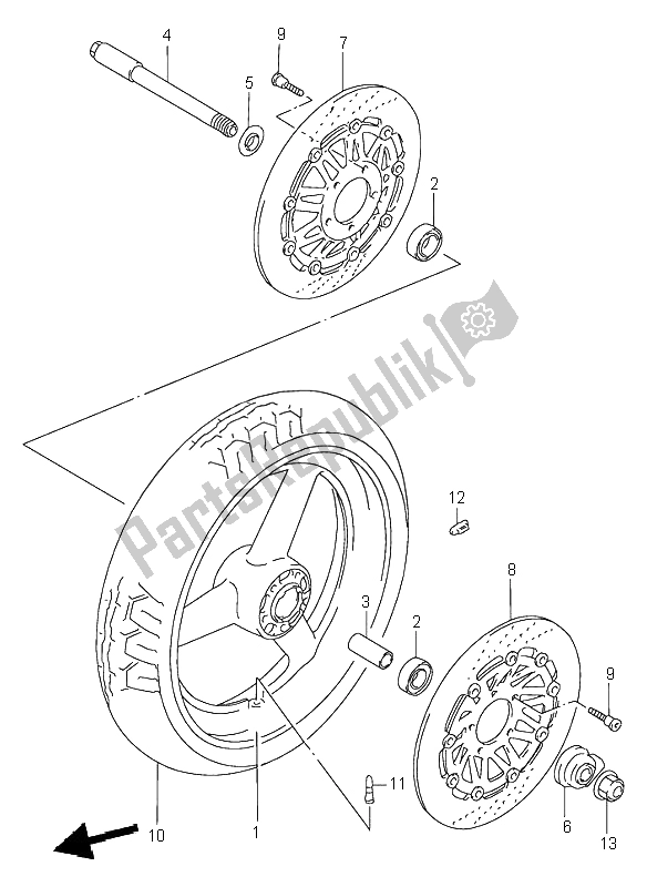 All parts for the Front Wheel of the Suzuki RF 900R 1997