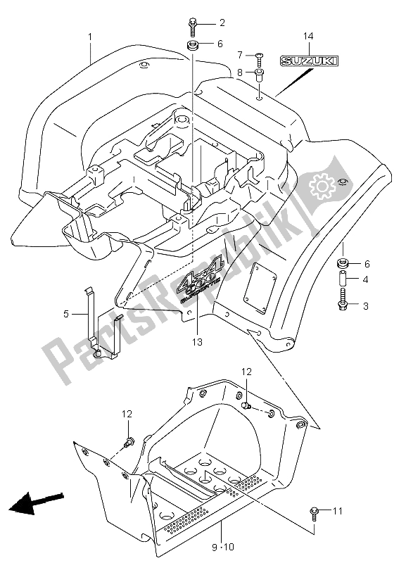 All parts for the Rear Fender of the Suzuki LT A 500F Vinson 4X4 2002