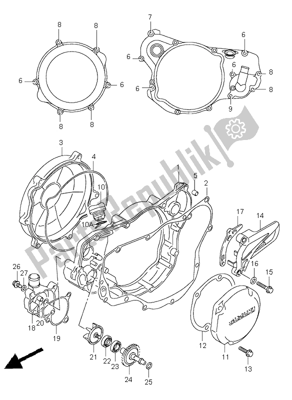 All parts for the Crankcase Cover & Water Pump of the Suzuki RM 250 2002