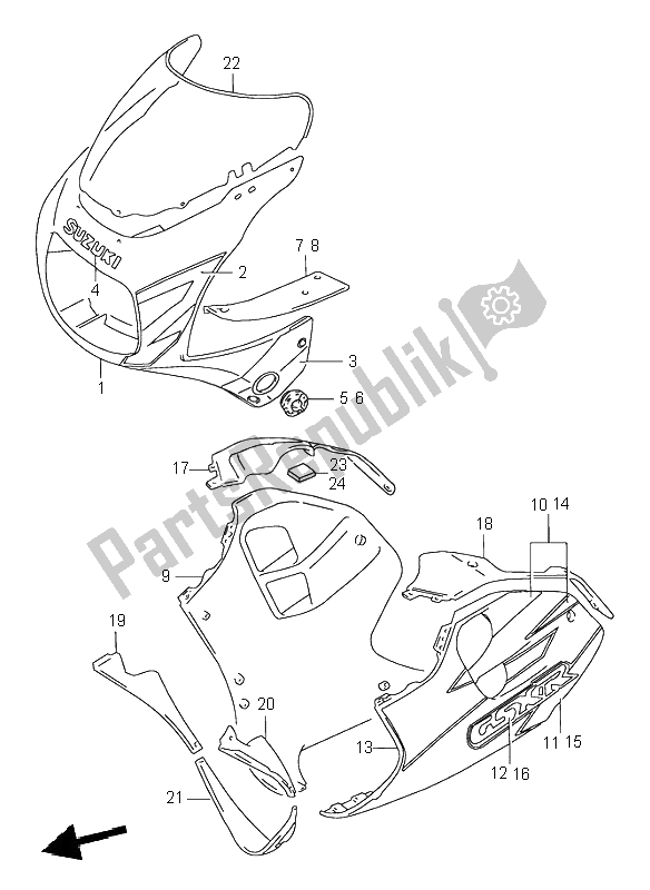 All parts for the Cowling Body of the Suzuki GSX R 1100W 1998