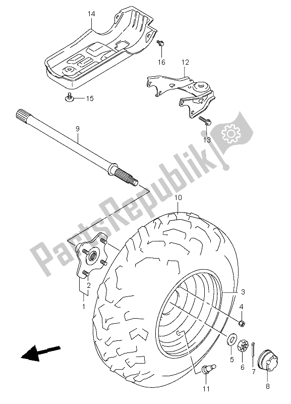 All parts for the Left Rear Wheel of the Suzuki LT A 400F Eiger 4X4 2002