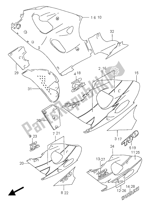 Alle onderdelen voor de Onder Motorkap van de Suzuki GSX R 750 1997