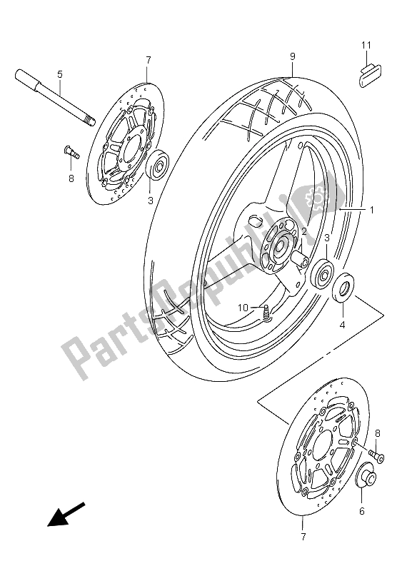 All parts for the Front Wheel of the Suzuki GSX 600F 2004