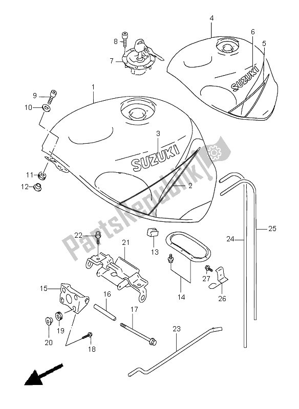 All parts for the Fuel Tank (for L99-bp9-ce2) of the Suzuki GSX R 600 2000