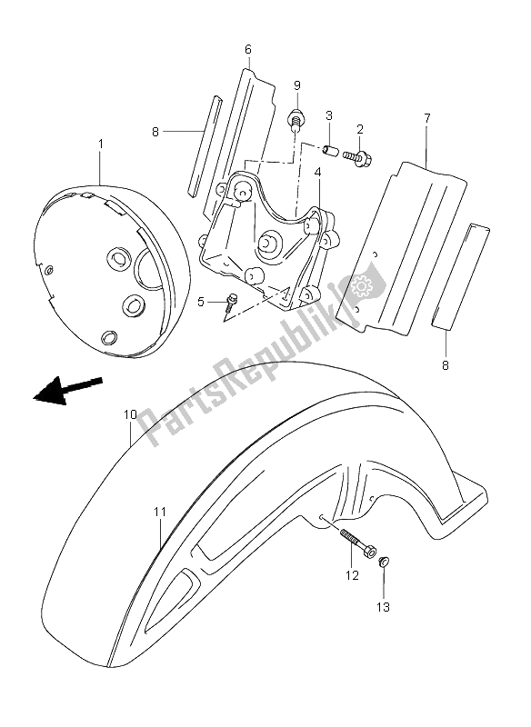 All parts for the Front Fender of the Suzuki VL 1500 Intruder LC 1998