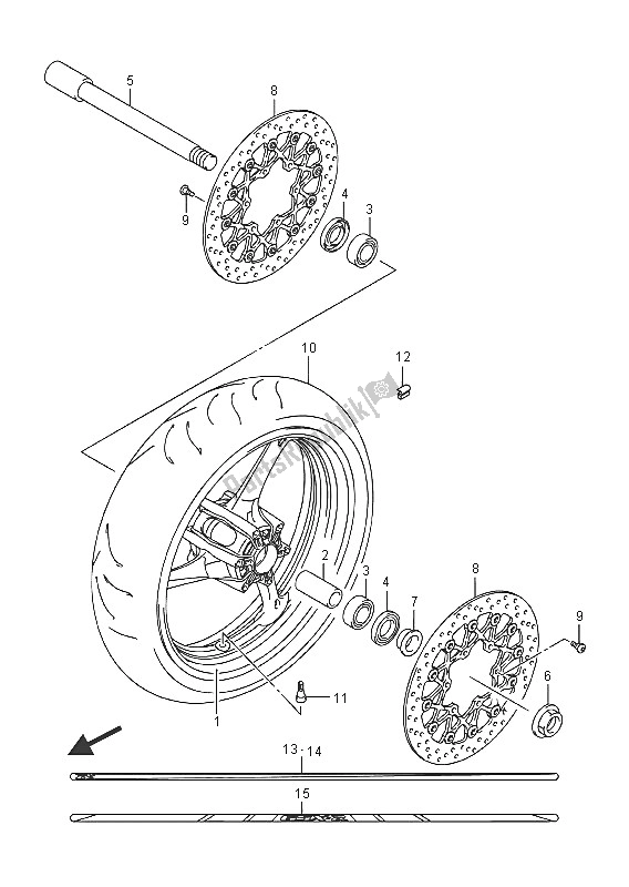 All parts for the Front Wheel of the Suzuki GSX R 600 2016