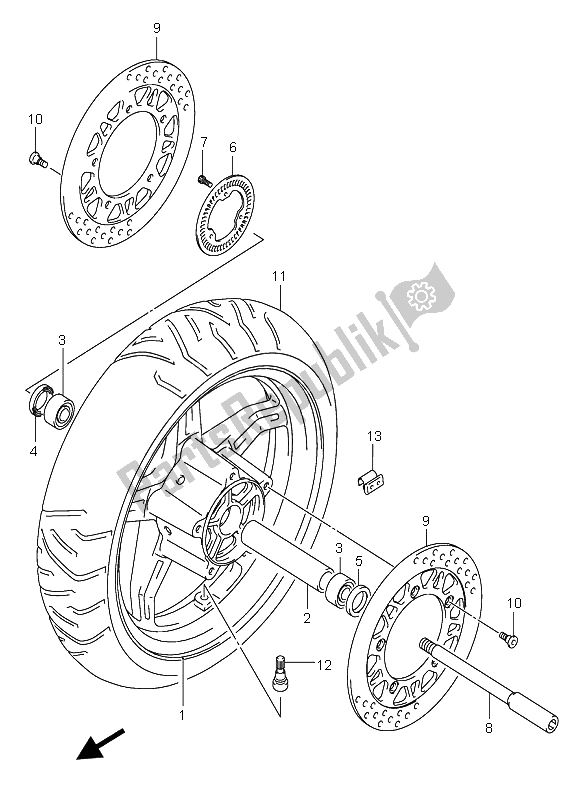 All parts for the Front Wheel (an650a) of the Suzuki AN 650A Burgman Executive 2005