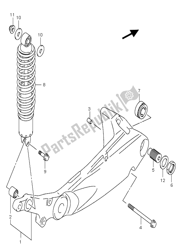 All parts for the Rear Swinging Arm of the Suzuki AN 650A Burgman Executive 2005