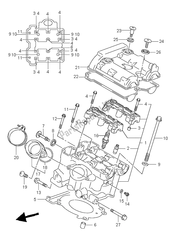 All parts for the Rear Cylinder Head of the Suzuki SV 650 NS 2001