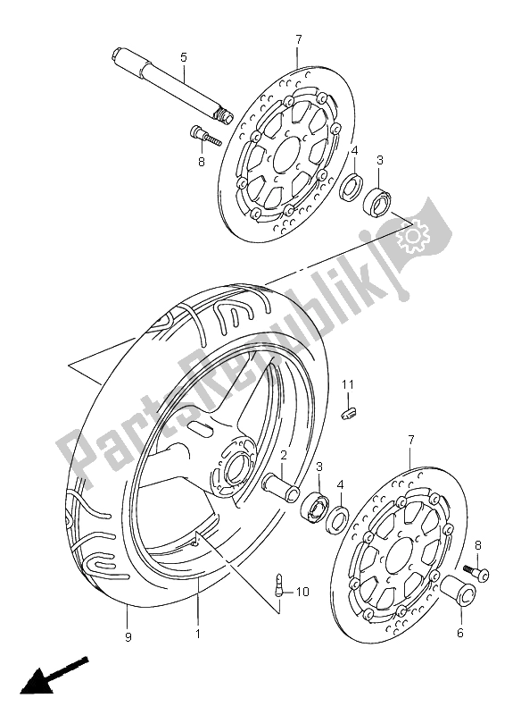 All parts for the Front Wheel of the Suzuki GSX R 600 2000