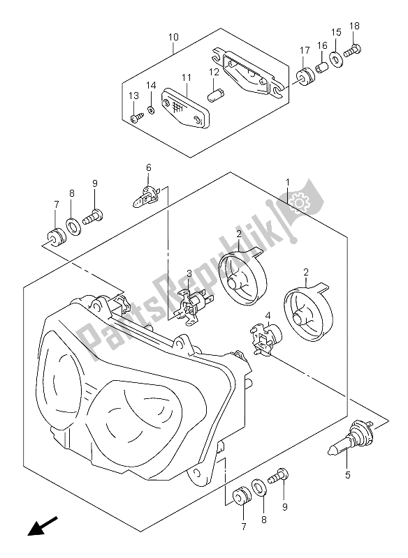 All parts for the Headlamp of the Suzuki GSX 750F 2005