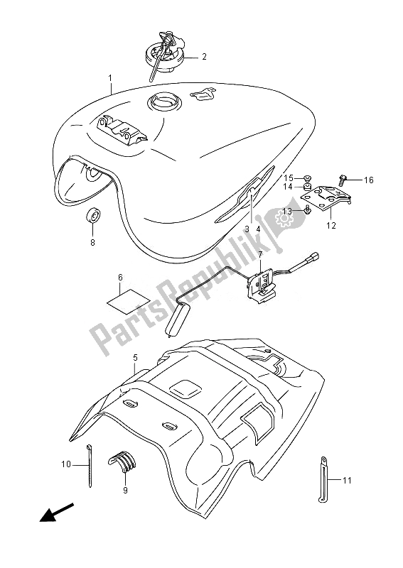 All parts for the Fuel Tank (vzr1800uf E19) of the Suzuki VZR 1800 M Intruder 2014