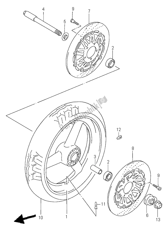 All parts for the Front Wheel of the Suzuki RF 900R 1996