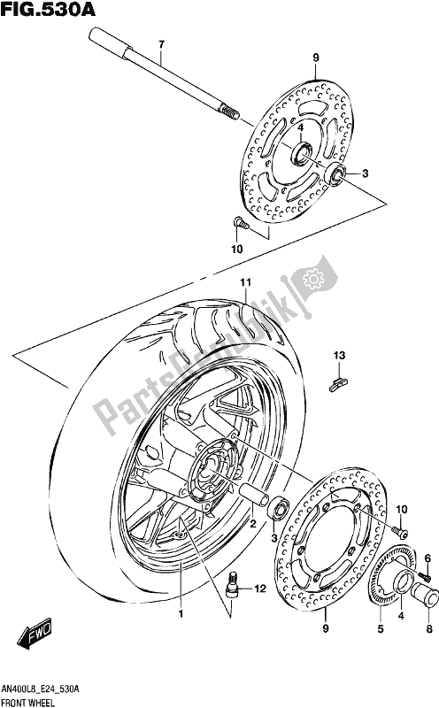 All parts for the Front Wheel of the Suzuki Burgman AN 400 2018