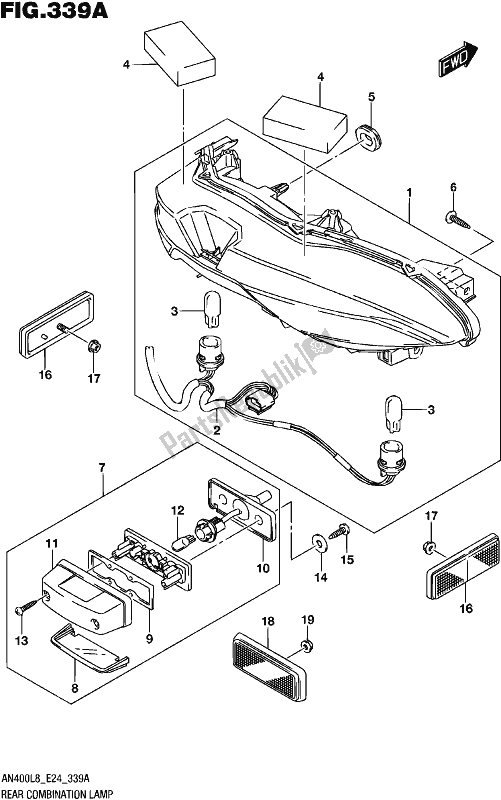 All parts for the Rear Combination Lamp of the Suzuki Burgman AN 400 2018