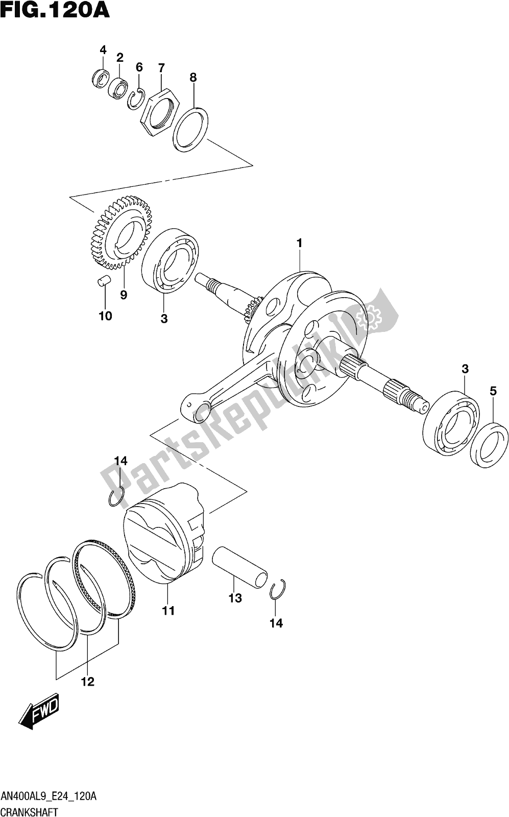 Todas las partes para Fig. 120a Crankshaft de Suzuki Burgman AN 400A 2019