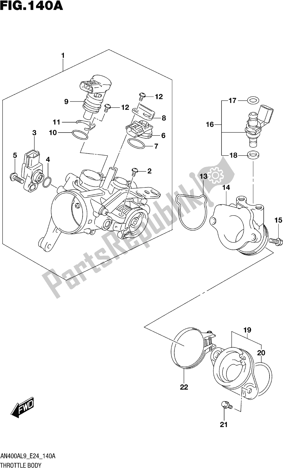 Wszystkie części do Fig. 140a Throttle Body Suzuki Burgman AN 400A 2019