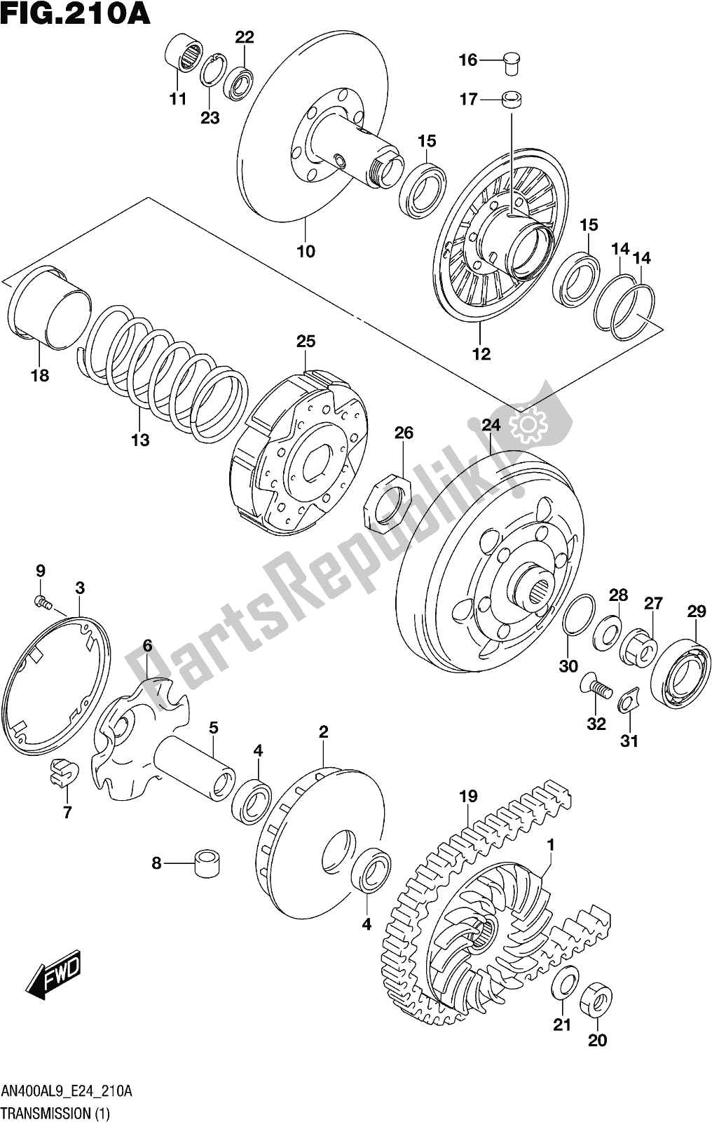 Tutte le parti per il Fig. 210a Transmission (1) del Suzuki Burgman AN 400A 2019