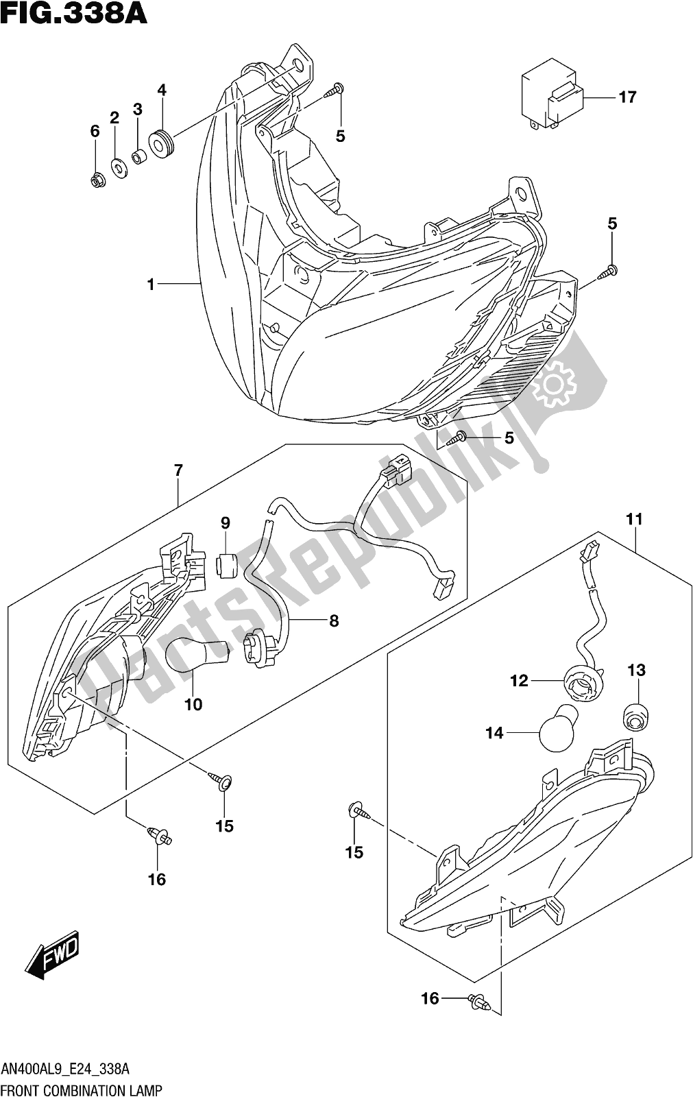 Tutte le parti per il Fig. 338a Front Combination Lamp del Suzuki Burgman AN 400A 2019