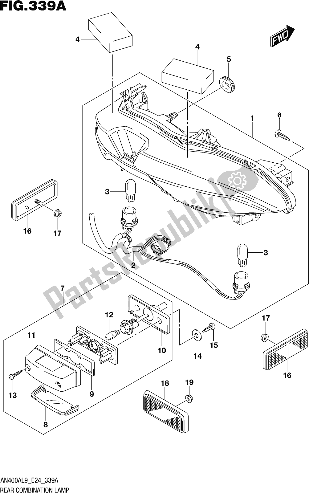 All parts for the Fig. 339a Rear Combination Lamp of the Suzuki Burgman AN 400A 2019
