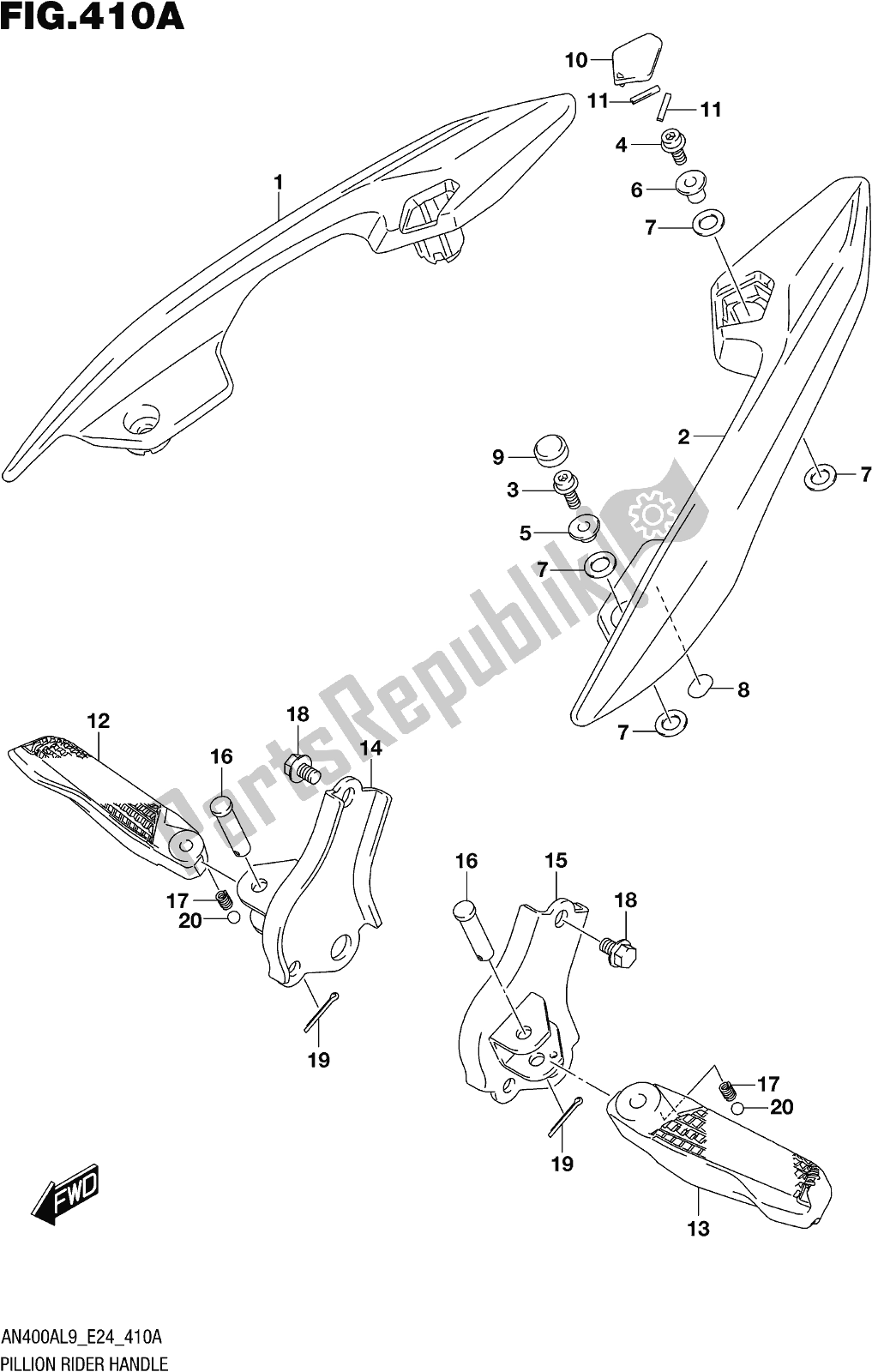 Toutes les pièces pour le Fig. 410a Pillion Rider Handle du Suzuki Burgman AN 400A 2019