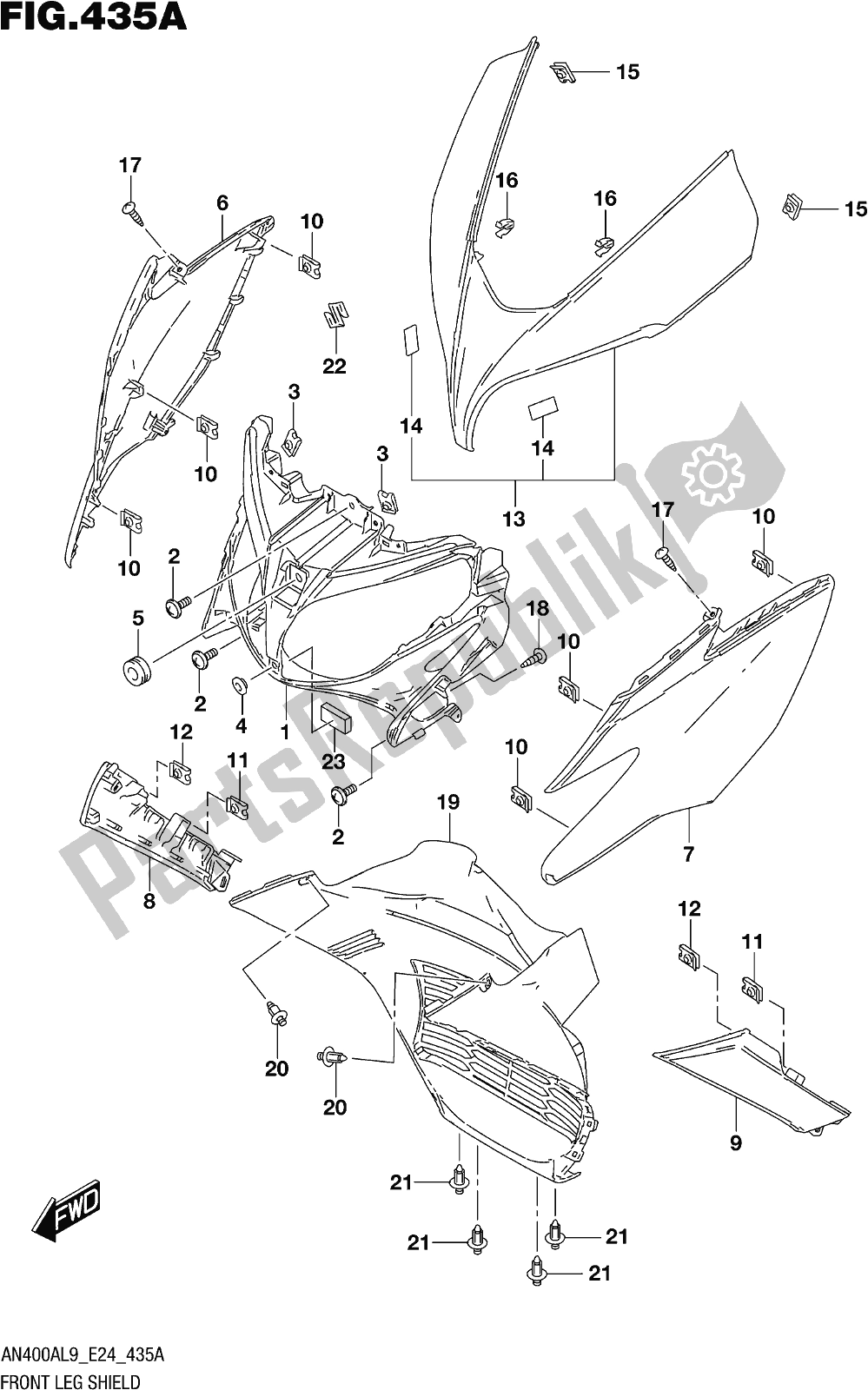 Alle onderdelen voor de Fig. 435a Front Leg Shield van de Suzuki Burgman AN 400A 2019