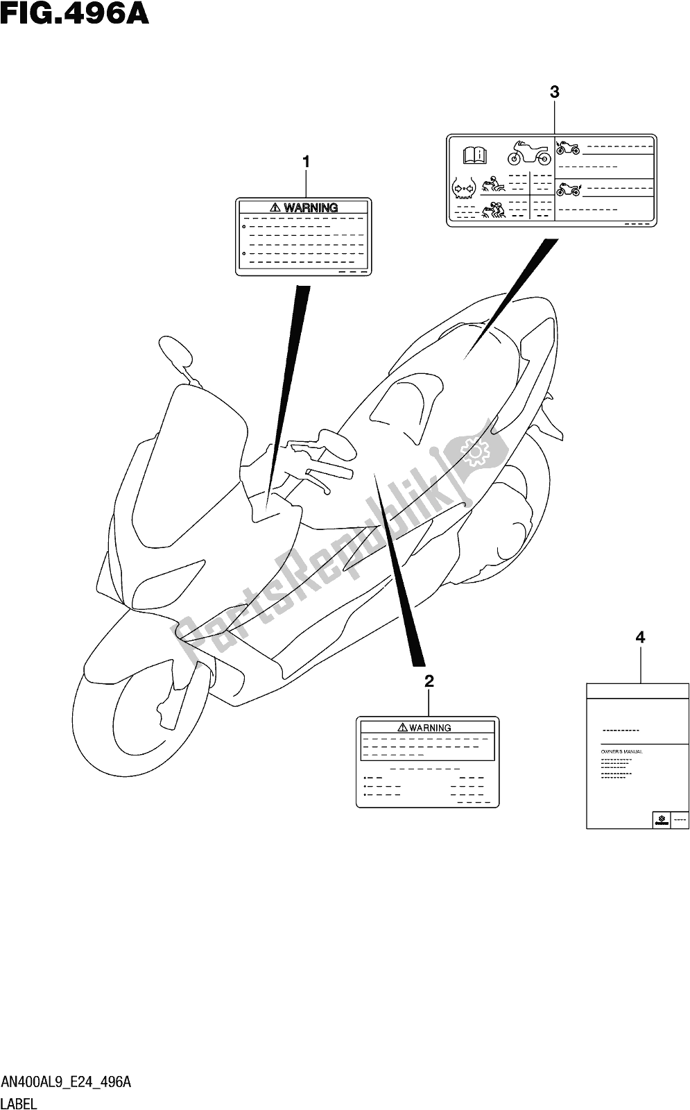 Tutte le parti per il Fig. 496a Label del Suzuki Burgman AN 400A 2019