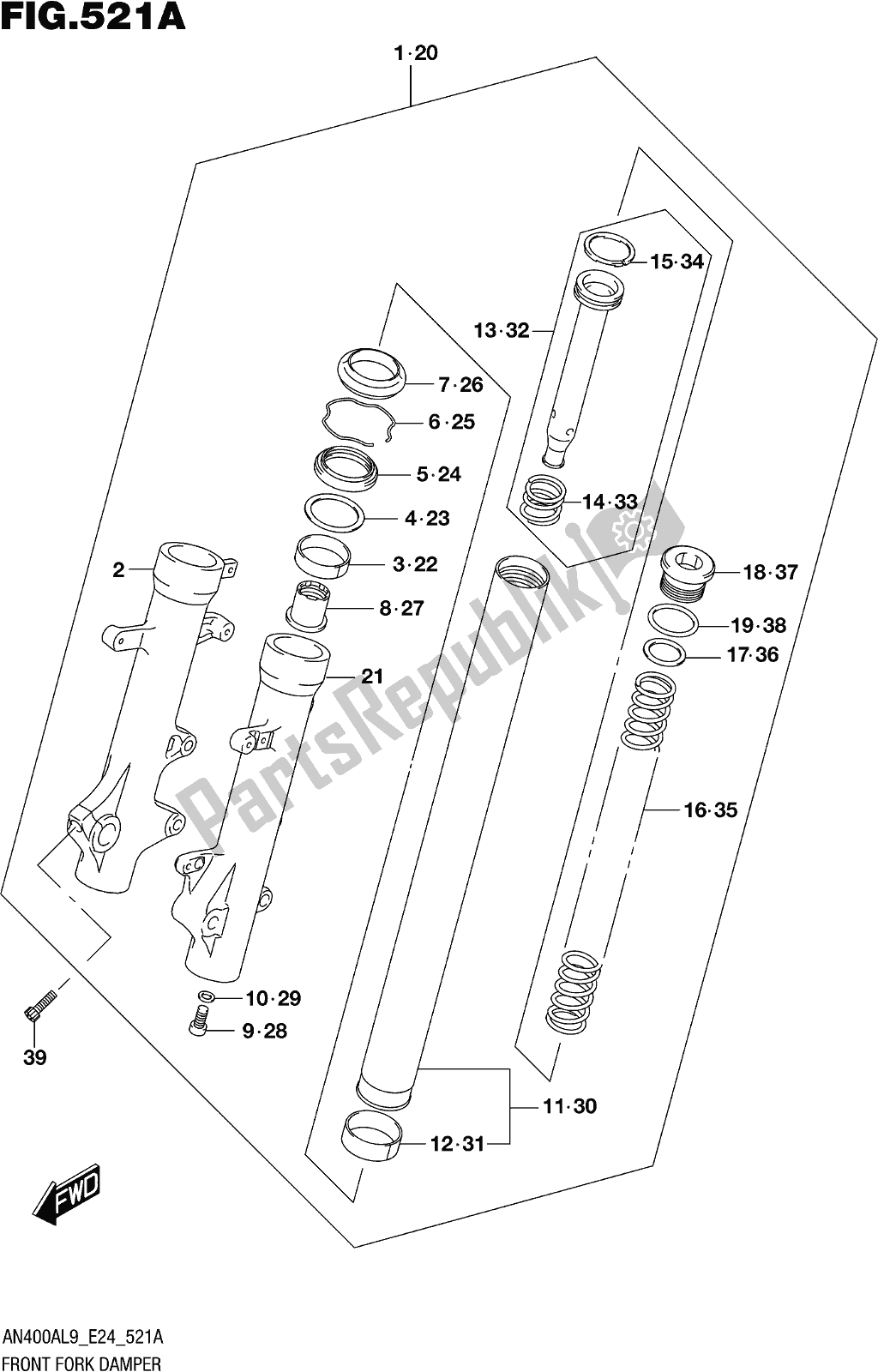 Wszystkie części do Fig. 521a Front Fork Damper Suzuki Burgman AN 400A 2019