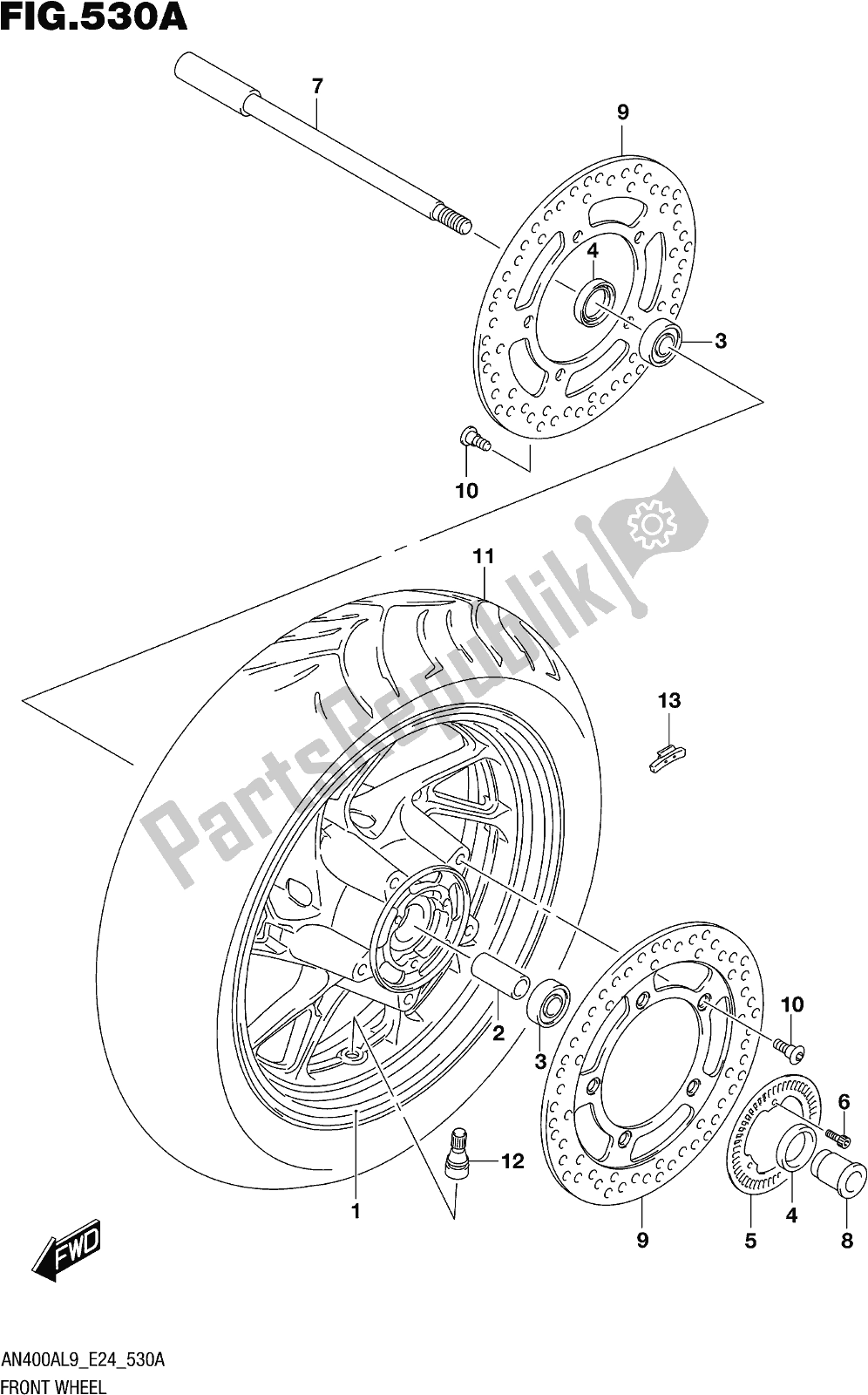 Todas las partes para Fig. 530a Front Wheel de Suzuki Burgman AN 400A 2019