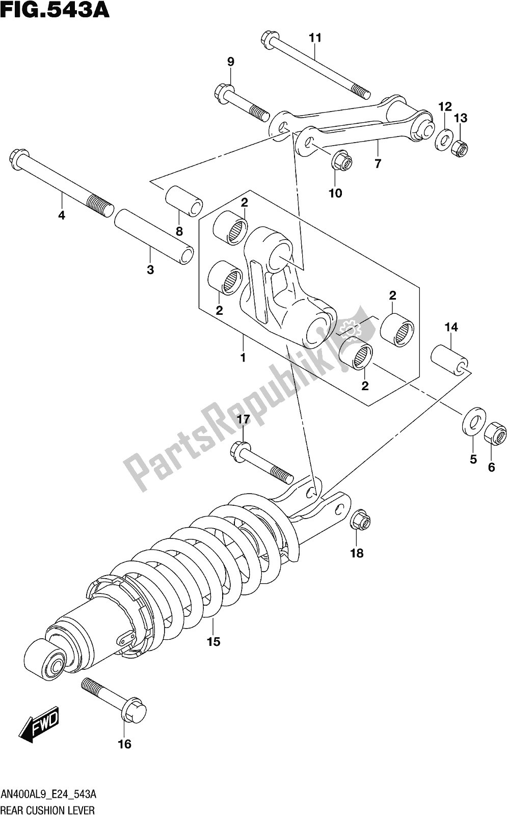 Wszystkie części do Fig. 543a Rear Cushion Lever Suzuki Burgman AN 400A 2019