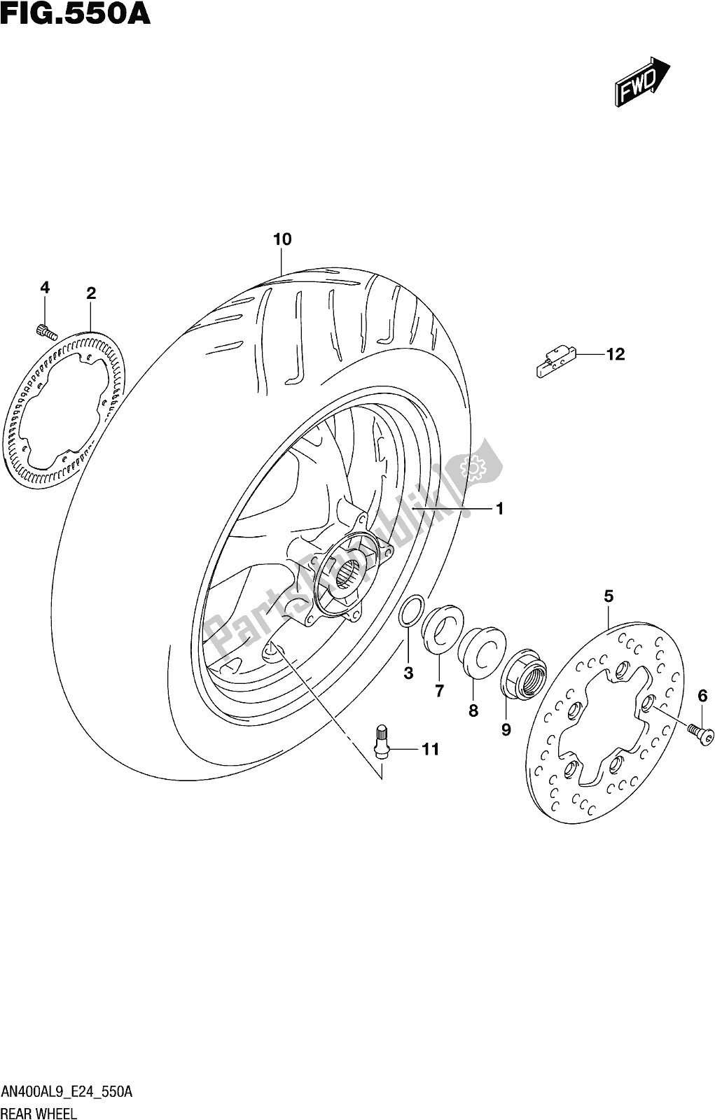 Todas as partes de Fig. 550a Rear Wheel do Suzuki Burgman AN 400A 2019