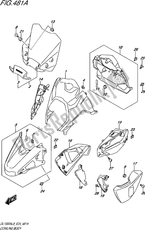 All parts for the Cowling Body of the Suzuki DL 1000A 2018