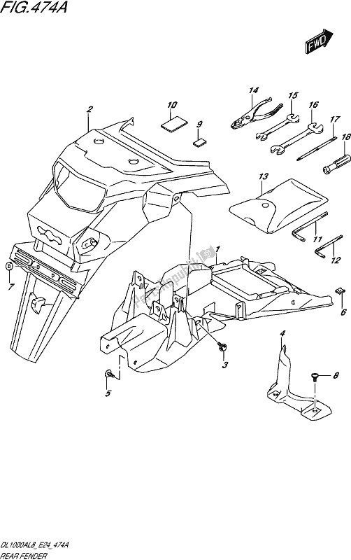 All parts for the Rear Fender of the Suzuki DL 1000A 2018